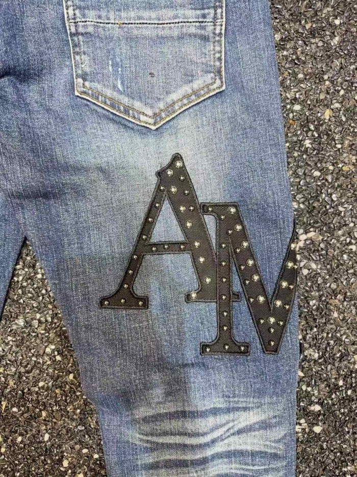 Amiri 1:1 quality version Streetwear Rivet Letter Patch Ripped Patch Slim Denim Washed Jeans 29382651