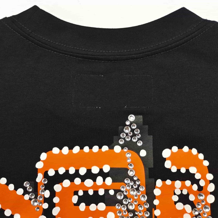 Sp5der [Big & Tall for weights up to 220 lbs]1:1 quality version Orange Letter Rhinestone Candlestick Long Staple Cotton Tee 29382857