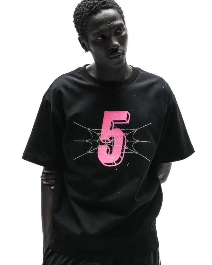 Sp5der [Big & Tall for weights up to 220 lbs]1:1 quality version Pink Number 5 Rhinestone Spider Web Long Staple Cotton Tee 29382859