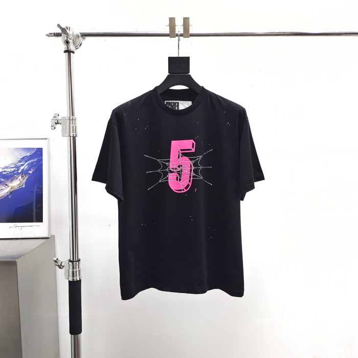 Sp5der [Big & Tall for weights up to 220 lbs]1:1 quality version Pink Number 5 Rhinestone Spider Web Long Staple Cotton Tee 29382859