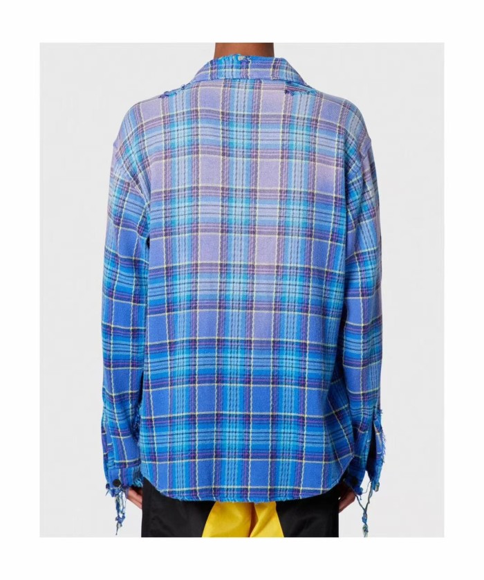 GaIIery Dept. [Big & Tall for weights up to 260 lbs]1:1 quality version Retro Washed Blue Plaid Destroyed Raw Edge Tassel Long Sleeve Shirt 29382848