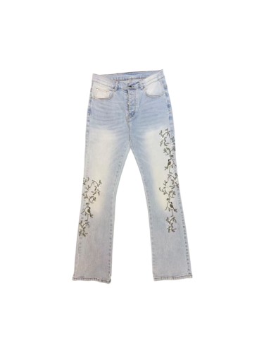 Amiri 1:1 quality version Streetwear Vintage Wash Bird Floral Embroidery Slim Flare Denim Jeans 29382742