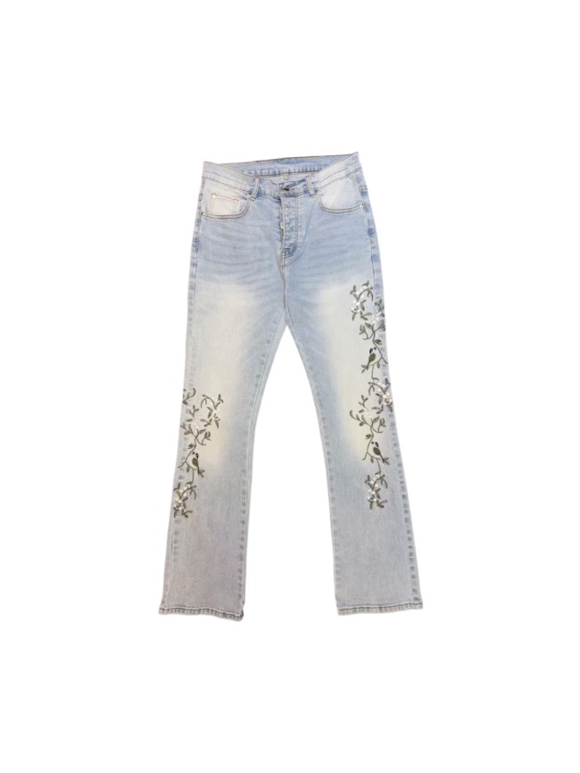 Amiri 1:1 quality version Streetwear Vintage Wash Bird Floral Embroidery Slim Flare Denim Jeans 29382742