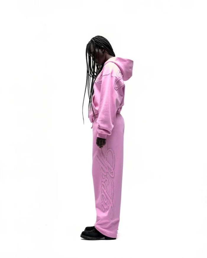 Sp5der [Big & Tall for weights up to 220 lbs]1:1 quality version 3D Letter Embroidered Rhinestone Stud Pink Zip Up Hoodie & Pants Set 29382871
