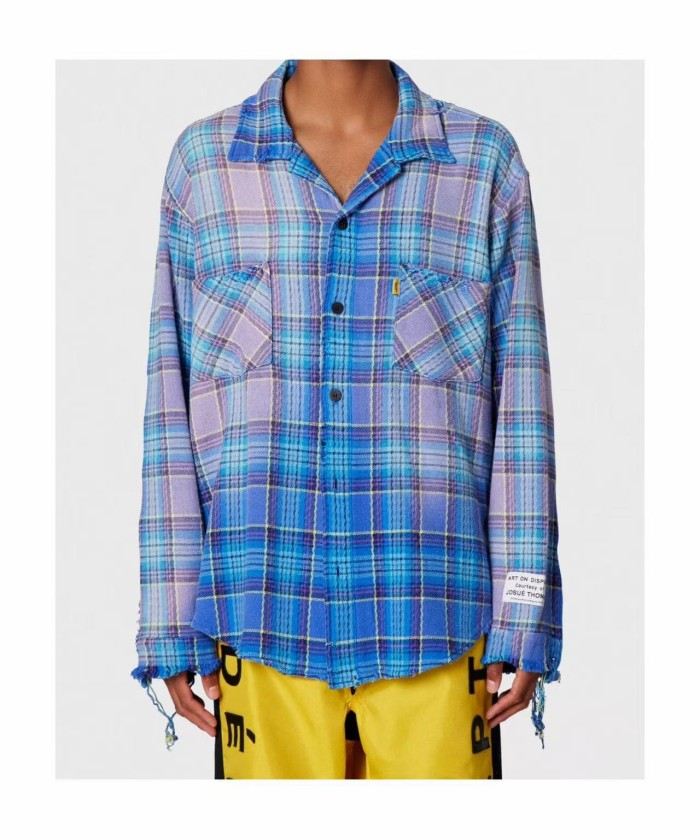 GaIIery Dept. [Big & Tall for weights up to 260 lbs]1:1 quality version Retro Washed Blue Plaid Destroyed Raw Edge Tassel Long Sleeve Shirt 29382848