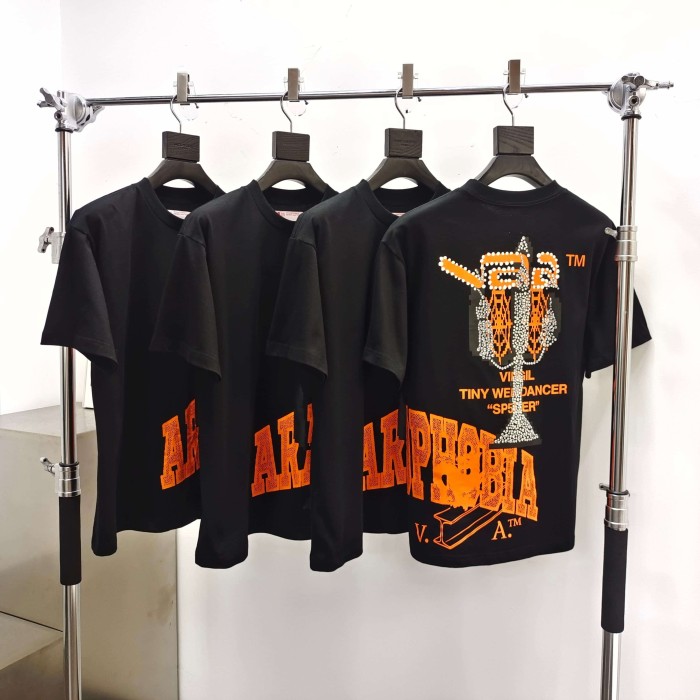 Sp5der [Big & Tall for weights up to 220 lbs]1:1 quality version Orange Letter Rhinestone Candlestick Long Staple Cotton Tee 29382857