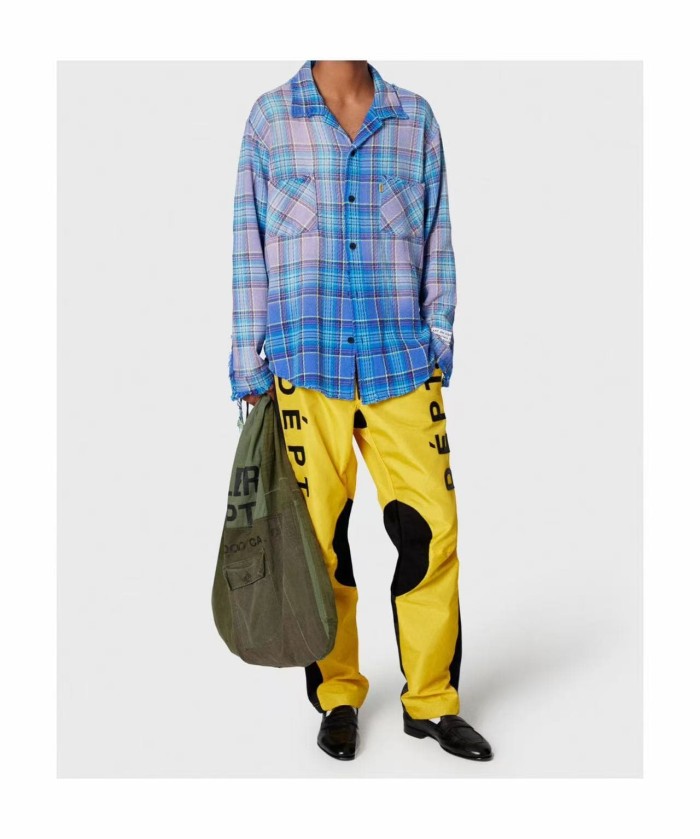 GaIIery Dept. [Big & Tall for weights up to 260 lbs]1:1 quality version Retro Washed Blue Plaid Destroyed Raw Edge Tassel Long Sleeve Shirt 29382848