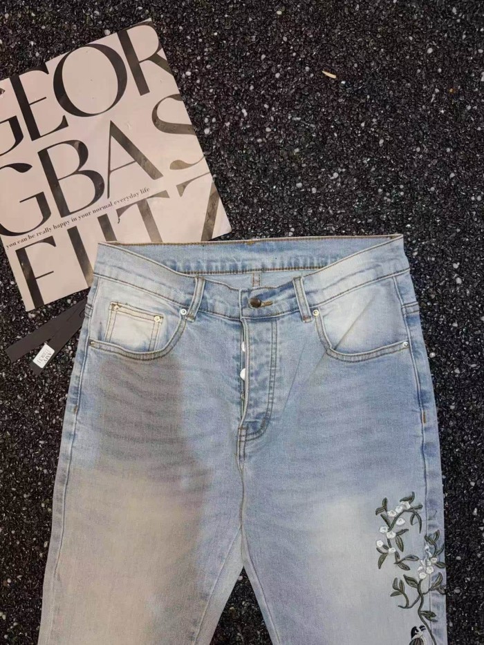 Amiri 1:1 quality version Streetwear Vintage Wash Bird Floral Embroidery Slim Flare Denim Jeans 29382742