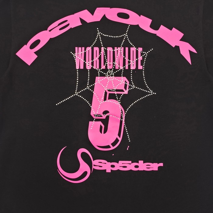 Sp5der [Big & Tall for weights up to 220 lbs]1:1 quality version Pink Number 5 Rhinestone Spider Web Long Staple Cotton Tee 29382859