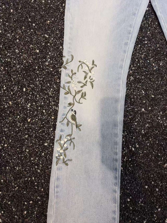 Amiri 1:1 quality version Streetwear Vintage Wash Bird Floral Embroidery Slim Flare Denim Jeans 29382742