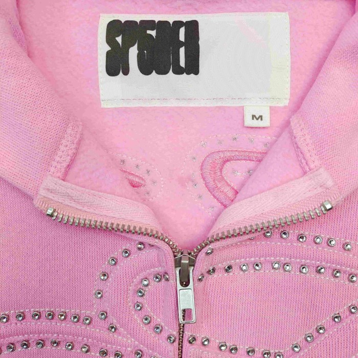 Sp5der [Big & Tall for weights up to 220 lbs]1:1 quality version 3D Letter Embroidered Rhinestone Stud Pink Zip Up Hoodie & Pants Set 29382871