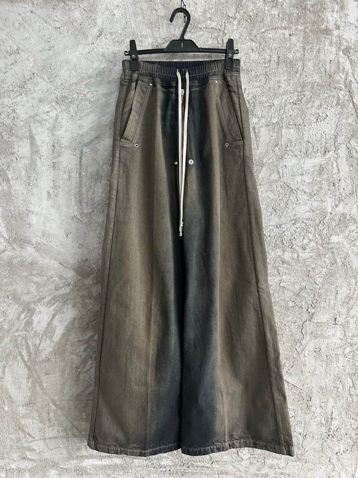 Rick Owens 1:1 quality version Washed Cement Grey Hand Stone Wash Drawstring Pocket Wide Leg Pants 29384167