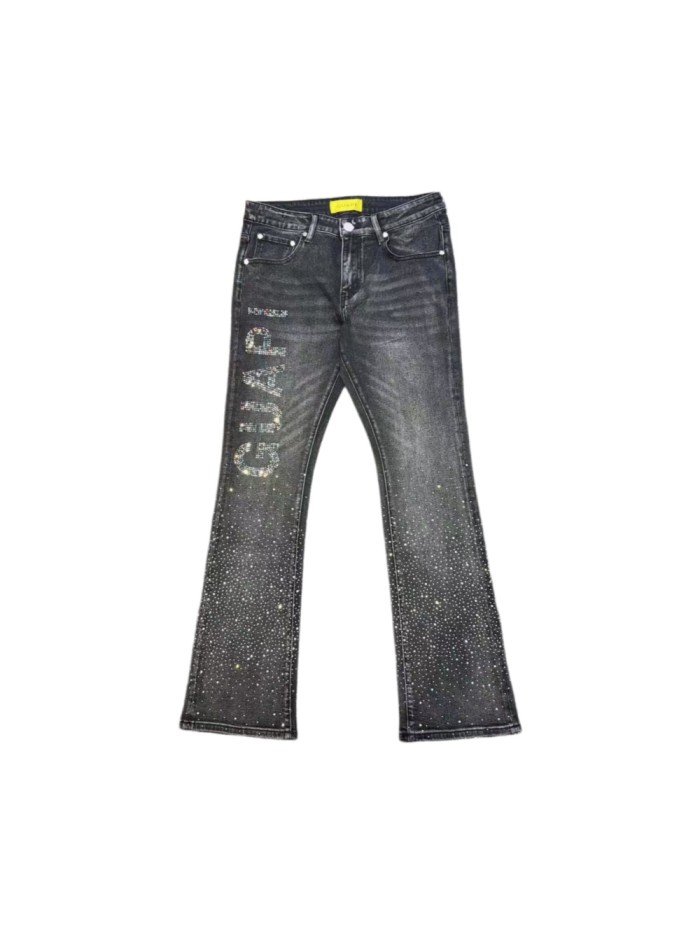 Guapi 1:1 quality version Streetwear Vertical Letter Rhinestone Gradient Star Rhinestone Washed Slim Slim Flare Denim Jeans 29385385