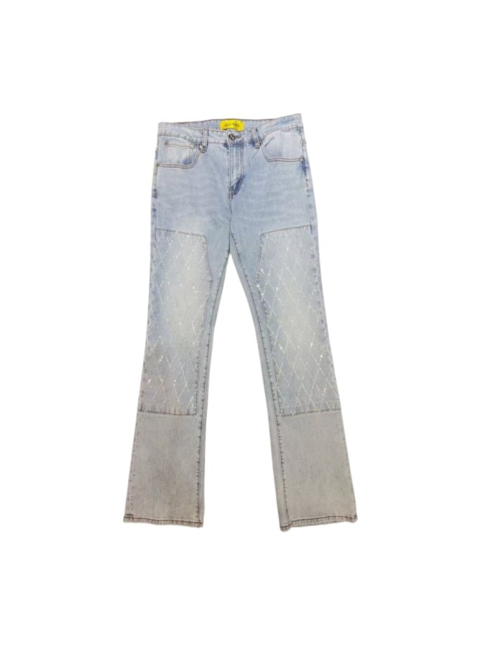 Guapi 1:1 quality version American Streetwear Rhombus Rhinestone Patchwork Slim Flare Jeans 29385351