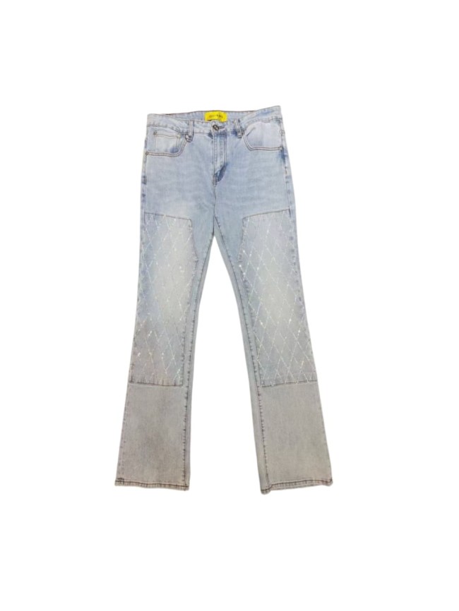 Guapi 1:1 quality version American Streetwear Rhombus Rhinestone Patchwork Slim Flare Jeans 29385351