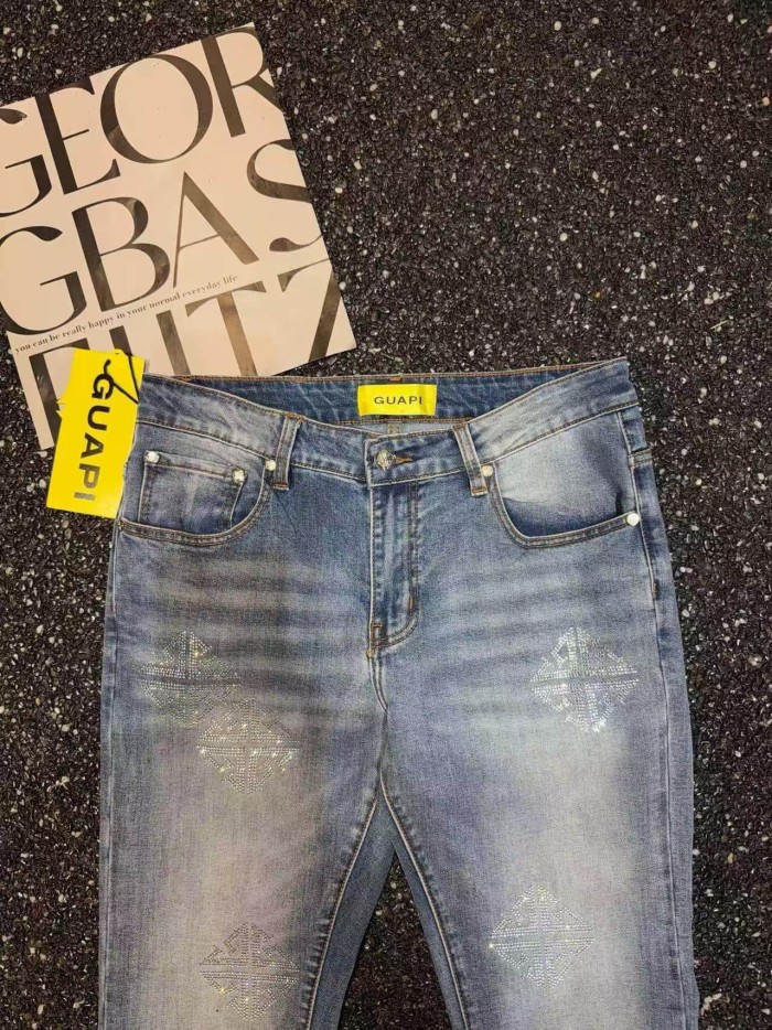 Guapi 1:1 quality version Geometric Diamond Rhinestone All Over Print Slim Flare Denim Jeans 2 colors 29385362