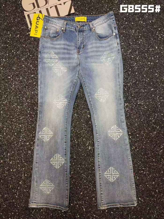 Guapi 1:1 quality version Geometric Diamond Rhinestone All Over Print Slim Flare Denim Jeans 2 colors 29385362