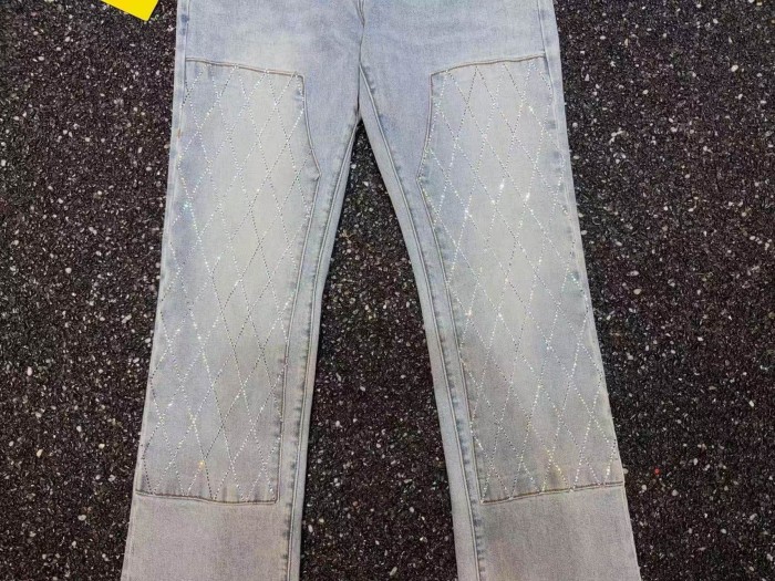 Guapi 1:1 quality version American Streetwear Rhombus Rhinestone Patchwork Slim Flare Jeans 29385351