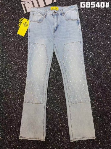 Guapi 1:1 quality version American Streetwear Rhombus Rhinestone Patchwork Slim Flare Jeans 29385351