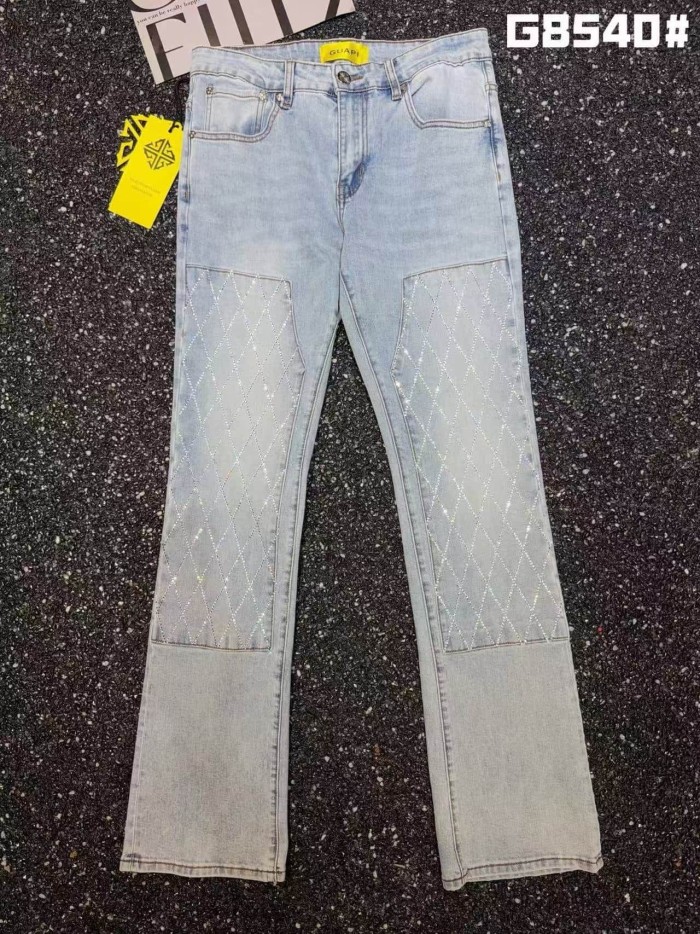 Guapi 1:1 quality version American Streetwear Rhombus Rhinestone Patchwork Slim Flare Jeans 29385351