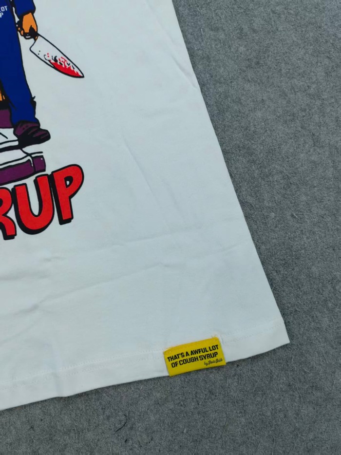 Cough Syrup Vintage Streetwear Front Split Color Text Cartoon Monster Horror Character Graphic Back Large Fragmented Letter Oversized T-Shirt 6 colors 29357805