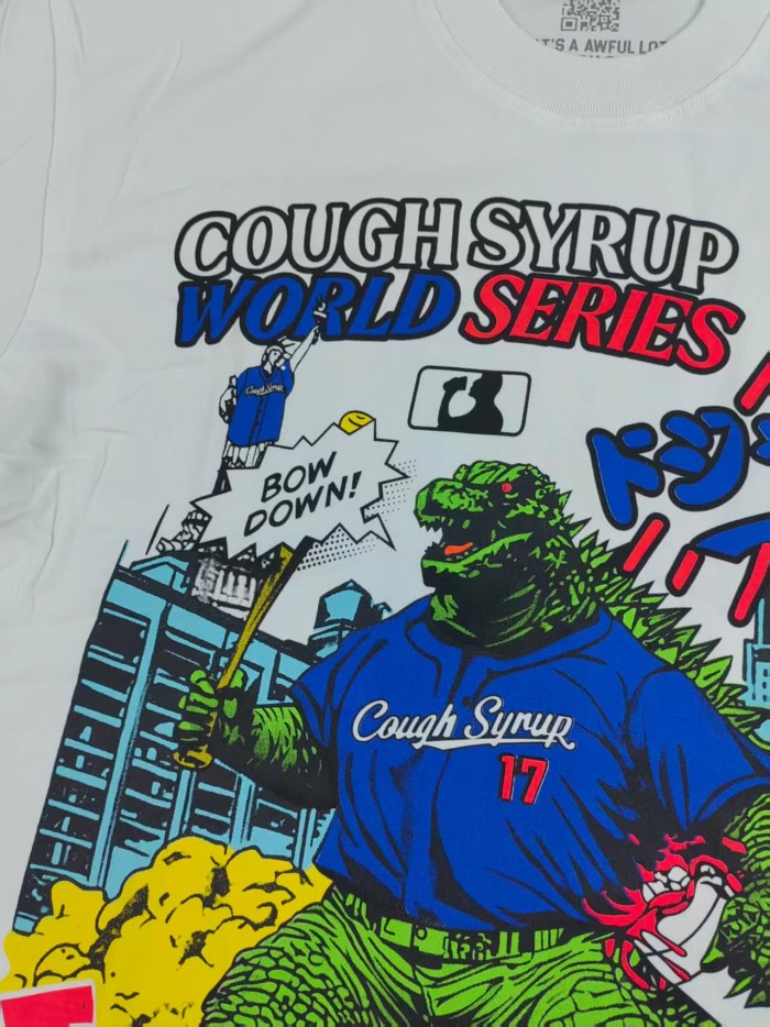 Cough Syrup Vintage Streetwear Front Split Color Text Cartoon Monster Horror Character Graphic Back Large Fragmented Letter Oversized T-Shirt 6 colors 29357805