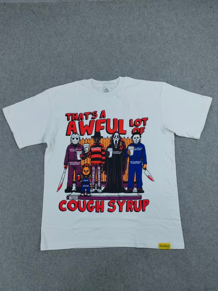 Cough Syrup Vintage Streetwear Front Split Color Text Cartoon Monster Horror Character Graphic Back Large Fragmented Letter Oversized T-Shirt 6 colors 29357805