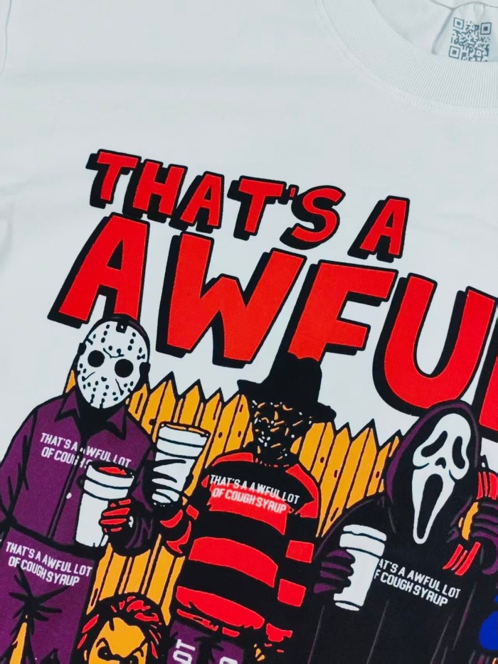 Cough Syrup Vintage Streetwear Front Split Color Text Cartoon Monster Horror Character Graphic Back Large Fragmented Letter Oversized T-Shirt 6 colors 29357805