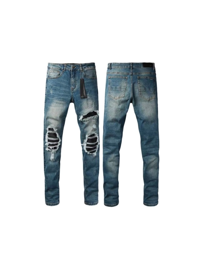 Amiri 1:1 quality version Retro Streetwear Washed Men Knee Fringe Striped Patch Slim Flare Jeans 29393397