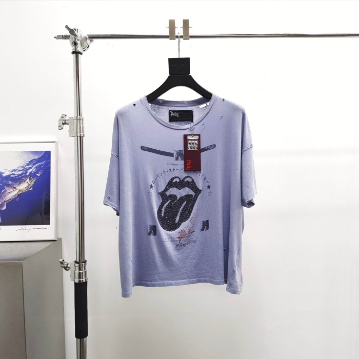 Paly Hollywood [Big & Tall for weights up to 220 lbs]1:1 quality version American Vintage Distressed Tear Hole Rhinestone Tongue Graphic Tee 29393485