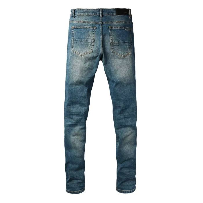 Amiri 1:1 quality version Retro Streetwear Washed Men Knee Fringe Striped Patch Slim Flare Jeans 29393397