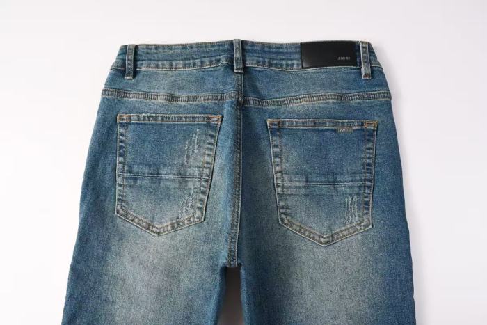 Amiri 1:1 quality version Retro Streetwear Washed Men Knee Fringe Striped Patch Slim Flare Jeans 29393397