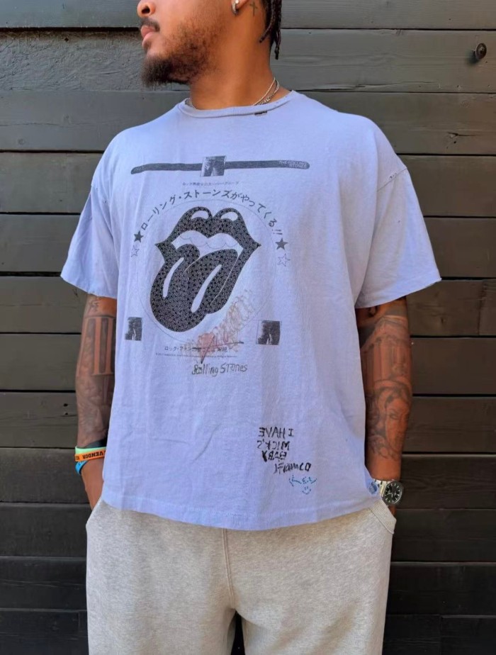 Paly Hollywood [Big & Tall for weights up to 220 lbs]1:1 quality version American Vintage Distressed Tear Hole Rhinestone Tongue Graphic Tee 29393485