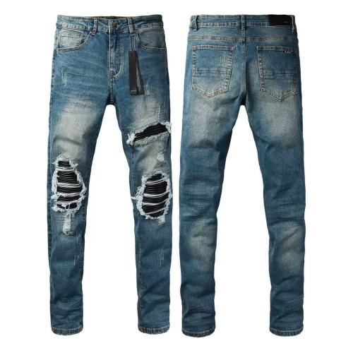 Amiri 1:1 quality version Retro Streetwear Washed Men Knee Fringe Striped Patch Slim Flare Jeans 29393397