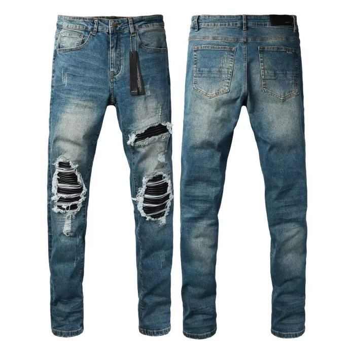 Amiri 1:1 quality version Retro Streetwear Washed Men Knee Fringe Striped Patch Slim Flare Jeans 29393397