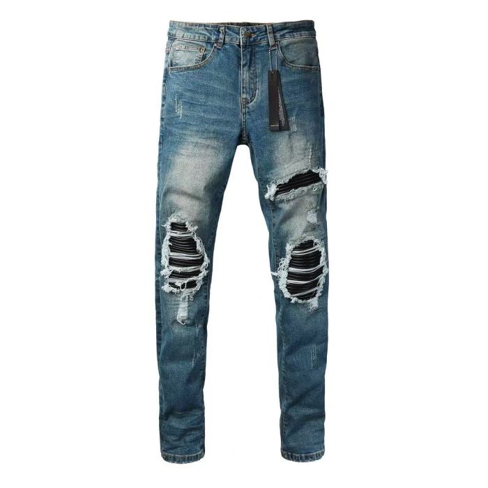 Amiri 1:1 quality version Retro Streetwear Washed Men Knee Fringe Striped Patch Slim Flare Jeans 29393397