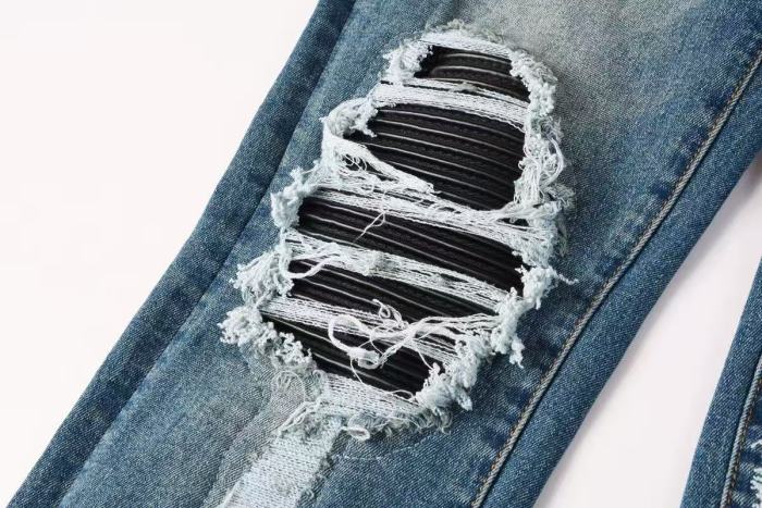 Amiri 1:1 quality version Retro Streetwear Washed Men Knee Fringe Striped Patch Slim Flare Jeans 29393397