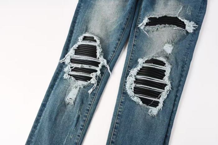 Amiri 1:1 quality version Retro Streetwear Washed Men Knee Fringe Striped Patch Slim Flare Jeans 29393397