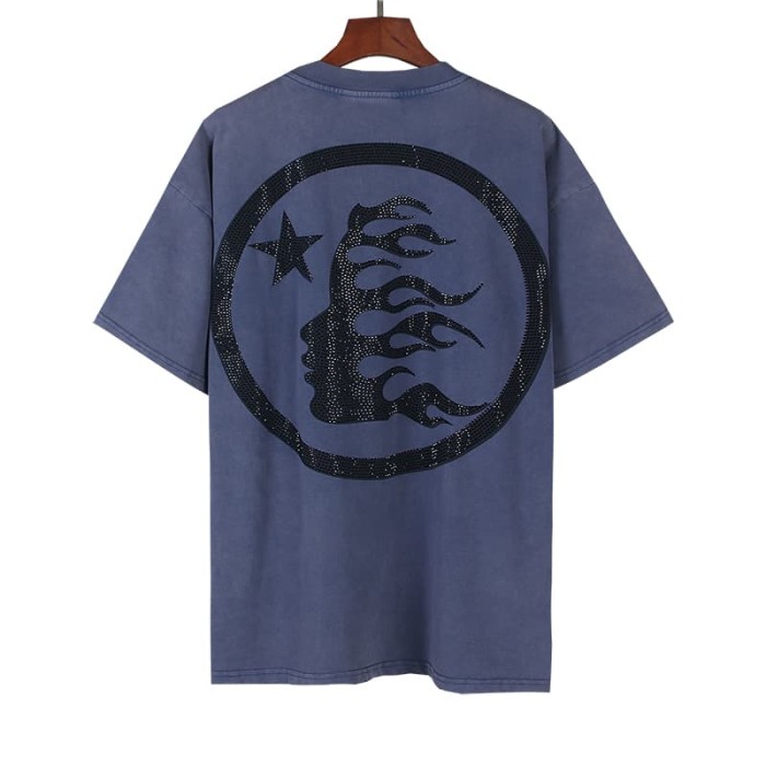 Hellstar Studio Rhinestone Jet Plane White Letter Print Back Flame Human Face Star Circle Logo Tee 29396536