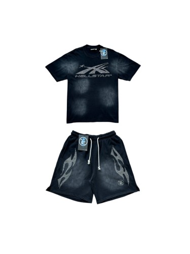 Hellstar Studio Rhinestone Airplane Letter Print Side Rhinestone Flame Graphic Washed Tee & Shorts Set 29396582