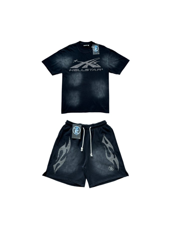 Hellstar Studio Rhinestone Airplane Letter Print Side Rhinestone Flame Graphic Washed Tee & Shorts Set 29396582