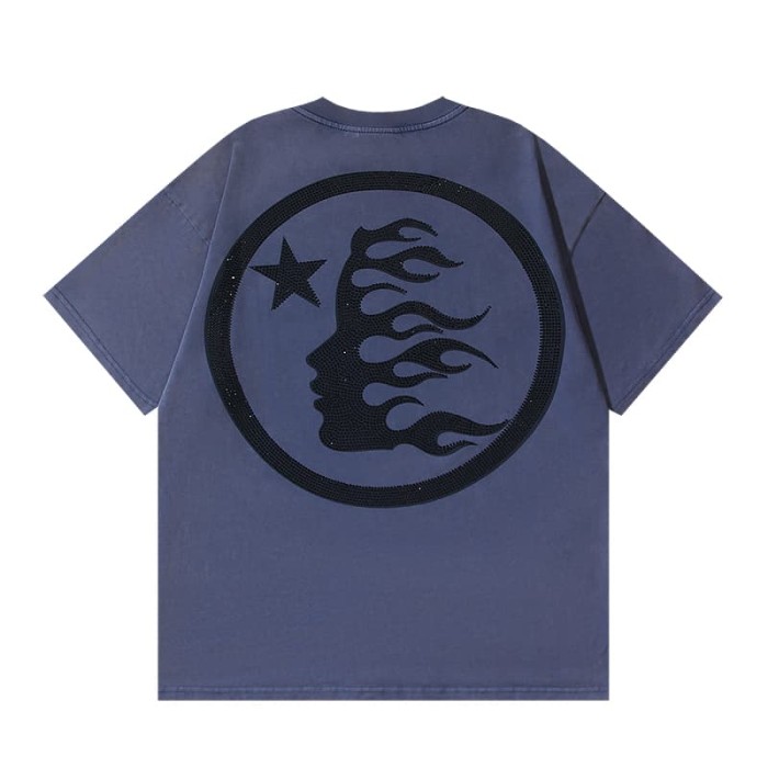 Hellstar Studio Rhinestone Jet Plane White Letter Print Back Flame Human Face Star Circle Logo Tee 29396536