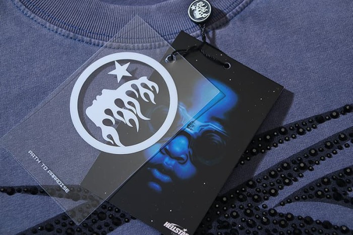 Hellstar Studio Rhinestone Jet Plane White Letter Print Back Flame Human Face Star Circle Logo Tee 29396536