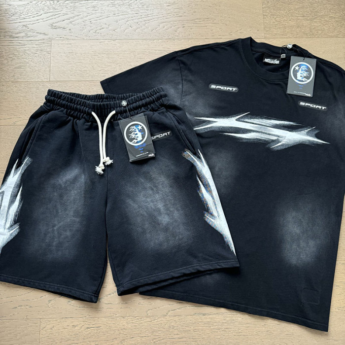 Hellstar Studio Speed Arrow Sport Label Back Vertical Sharp Letter Print Washed Tee & Shorts Set 2 colors 29396678