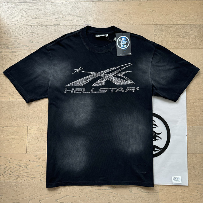 Hellstar Studio Rhinestone Airplane Letter Print Side Rhinestone Flame Graphic Washed Tee & Shorts Set 29396582