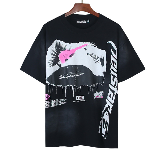 Hellstar Studio Dripping Lady Face Graffiti Text Print Back Mohawk Punk Figure Slogan Tee 29396552