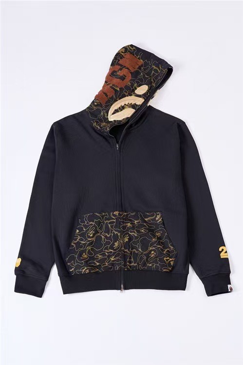 A Bathing Ape Gold Line Camo Pocket Print Hood Shark Mouth Chenille Letter Graphic Zip Up Hoodie 29396370