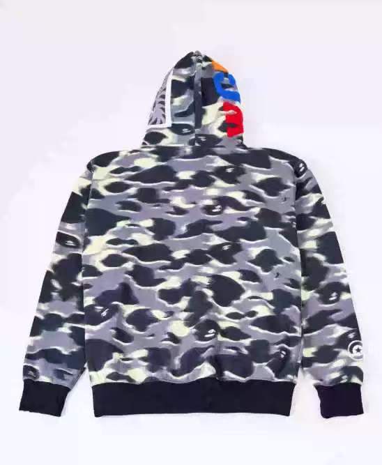A Bathing ApeGrey Black Camo Allover Print Hood Shark Mouth Chenille Letter Graphic Zip Up Hoodie 29396367