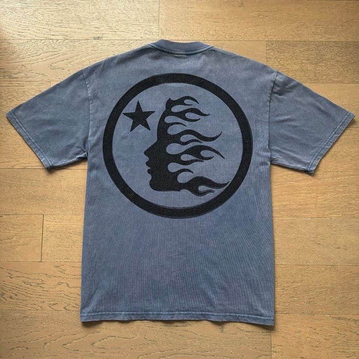 Hellstar Studio Rhinestone Jet Plane White Letter Print Back Flame Human Face Star Circle Logo Tee 29396536