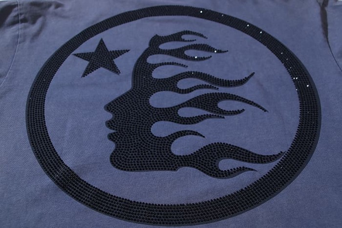 Hellstar Studio Rhinestone Jet Plane White Letter Print Back Flame Human Face Star Circle Logo Tee 29396536